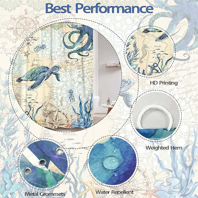 Aipon Nautical Sea Turtle Shower Curtain Octopus Ocean Teal Fish Animal Seashell Jellyfish Theme Extra Long Fabric Waterproof Shower Curtains for Bathroom Bath Curtain Decor (72'' × 78'', Teal)