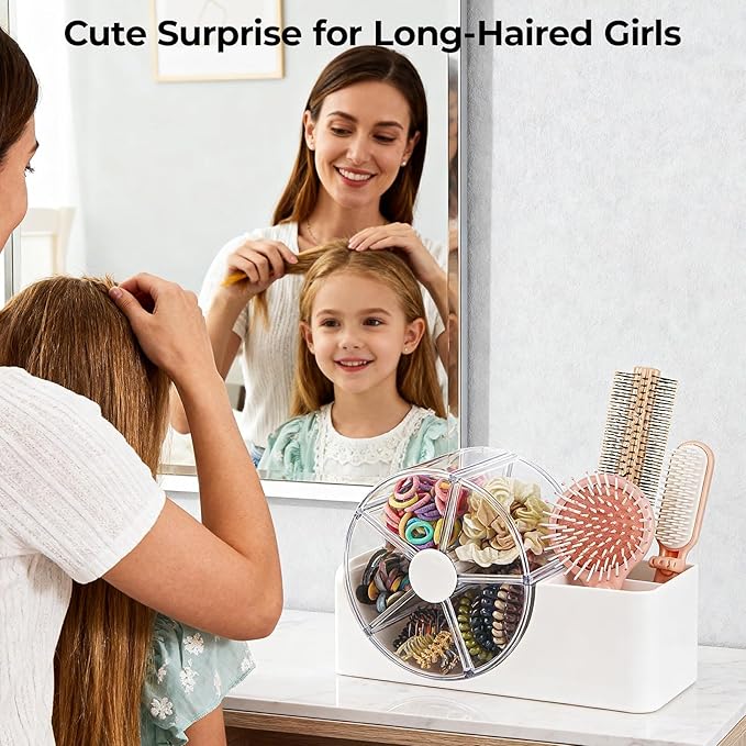 Hair Accessories Organizer with 5-Section Rotating Case | 2-Slot Comb & Hair Brush Holder | Cute Bathroom Vanity Caddy for Hair Tiles, Clips, Scrunchies, Other Accessories | Girls Vanity Décor (White)