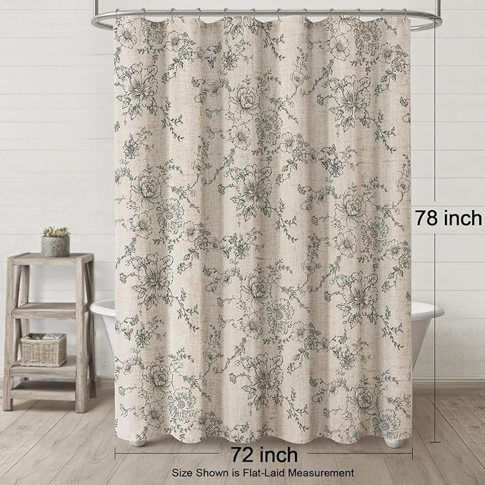 Farmhouse Floral Linen Shower Curtain, Vintage Grey Pattern Rustic Shower Curtains for Bathroom, Tan Taupe,Gray,72x78