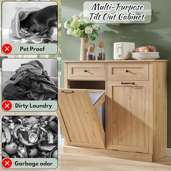 IFBUY Double Tilt Out Laundry Hamper Cabinet, 20 Gallon Farmhouse Trash Can Cabinet with Drawer, Hidden Wood Garbage Can Bin Cabinets with Laundry Storage Basket for Bathroom, Kitchen (Natural)
