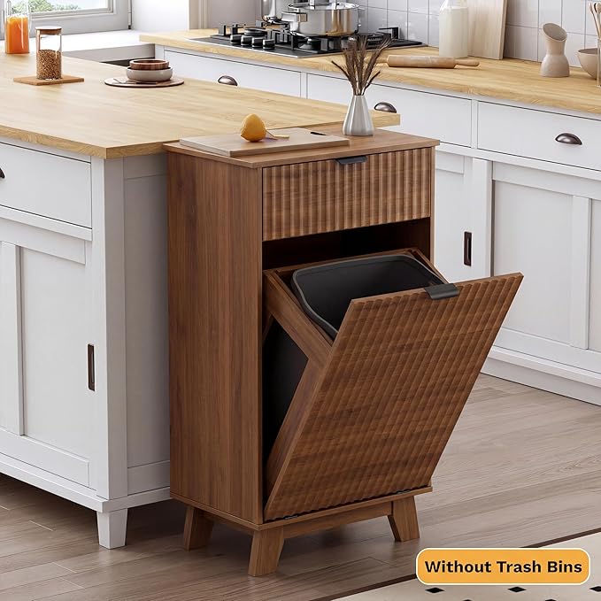 Double Tilt Out Laundry Hamper Cabinet, 20 Gallon Wooden Trash Can Cabinet with Storage Drawers, Hidden Fluted Garbage Can Holder for Kitchen, Living Room (Walnut Wood, 20.47"W x 35.83"H x 13"D)