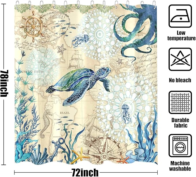 Aipon Nautical Sea Turtle Shower Curtain Octopus Ocean Teal Fish Animal Seashell Jellyfish Theme Extra Long Fabric Waterproof Shower Curtains for Bathroom Bath Curtain Decor (72'' × 78'', Teal)