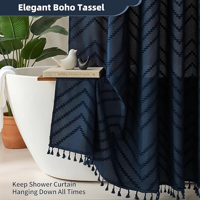 Extra Long Shower Curtains 72 x 84 Inches Tufted Chevron Navy Blue Shower Curtains Fabric for Bathroom Modern Shabby Chic Waterproof Cloth Shower Curtain