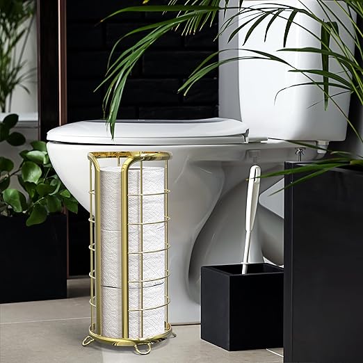 BROOKSTONE Toilet Paper Holder Stand Reserve - Free Standing Toilet Paper Stand with Storage that Holds Mega Rolls, Standing Bathroom Tissue Organizer, Bathroom Decor - Modern Storage Holder, Gold