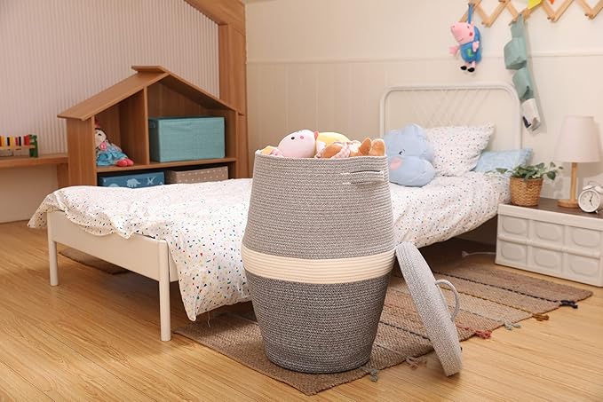26"x20" Handcrafted Tall Cotton Rope Basket with Lid, Stylish Flagon Shape with Cover, Clothes Hamper with Top, for Bedroom and Living Room, Dual Grey