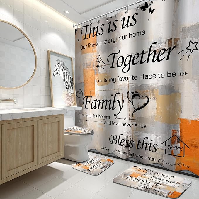 Lnond 4Pcs Bathroom Shower Curtain Sets with Rugs, Orange Grey Motivational Home Family Bathroom Sets with Shower Curtain and Rugs and Accessories