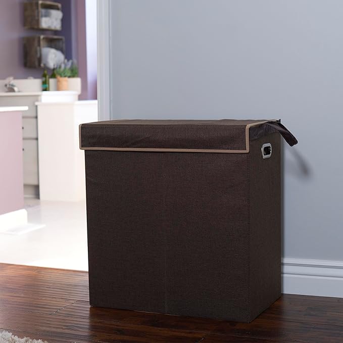 Household Essentials Double Laundry Hamper with Lid, Two Compartments for Easy Sorting with Removable Liner, Collapsible, Brown Linen 5614