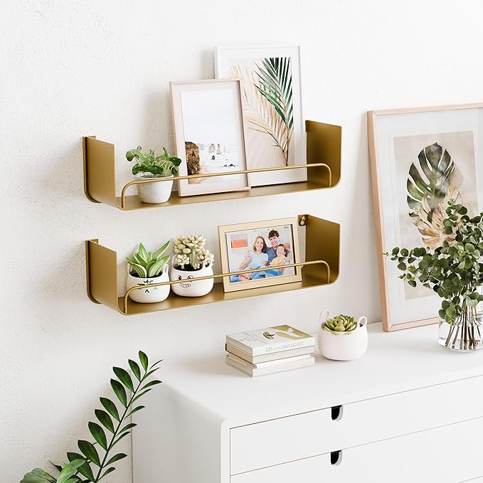 2 Pack Gold Shower Caddy, Metal Floating Gold Bathroom Shelf with Guardrail, U-Shaped Wall Mounted Shelves for Kitchen, Living Room, Bedroom, Home Storage and Organizer