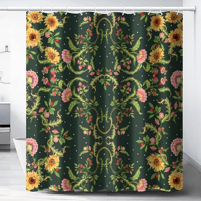 Modern Abstract William Morris Art Shower Curtain,Fantasy Galaxy Boho Floral Sunflower Bath Curtain 84L x72W Washable Cloth Fabric Bathroom Decor Set with Hooks