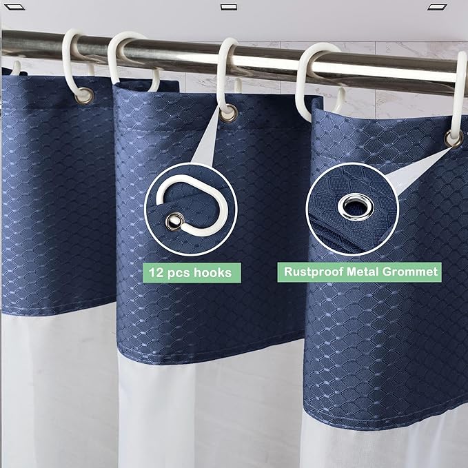 UFRIDAY Navy Blue Waffle Weave Fabric Shower Curtain with Mesh Window 72 x 78 Inch Long, Heavy Duty Decorative Bathroom Curtain,Thicken Hotel Luxury, Water-Repellent,72x 78Inches