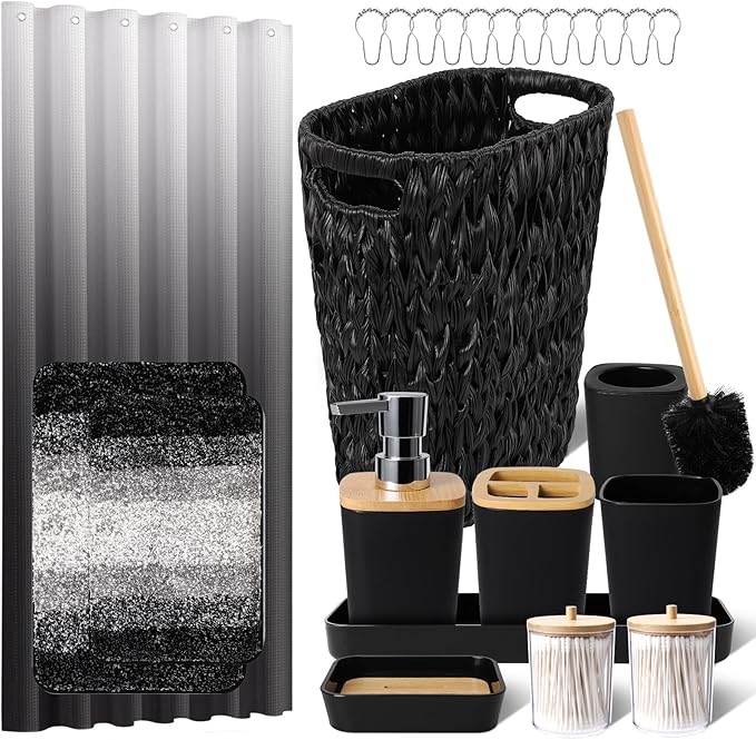 XLHOMO Black Bathroom Accessories Set with Wicker Trash Can Shower Curtain and Rugs,Bathroom Sets Small Waste Basket Bathroom Trash Can for Bedroom Bathroom