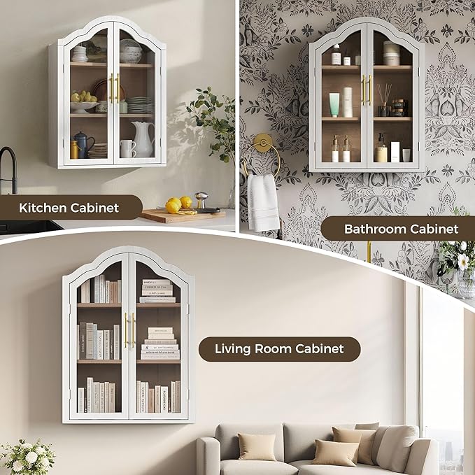 Furnaza White Arched Wall Mounted Cabinet, Display Medicine Cabinets with Tempered Glass Doors and Adjustable Shelf for Bathroom,Kitchen,Living Room