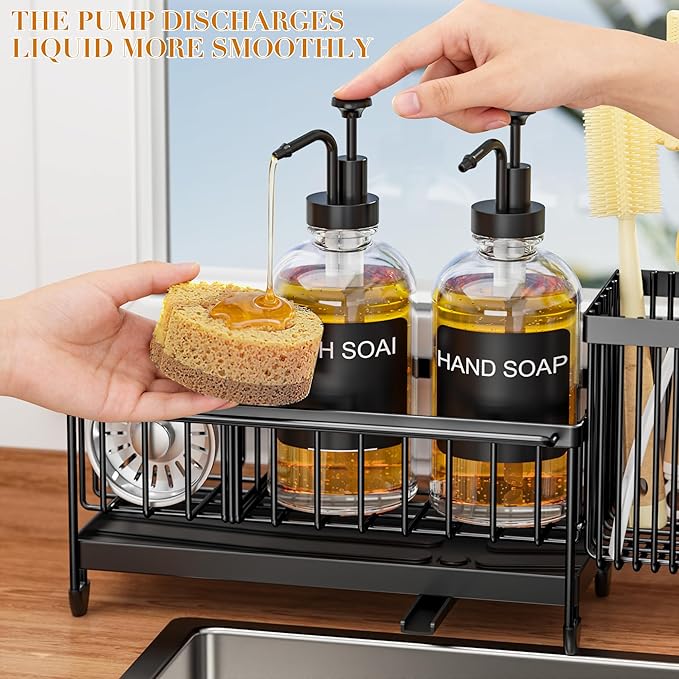 Kitchen Soap Dispenser Set with Sponge Holder and Towel Rack, 17OZ Glass Bottle, Hand and Dish Soap Dispenser Set, Non-Slip Silicone Pad, Brush Holder, Kitchen Sink Caddy Organizer Countertop