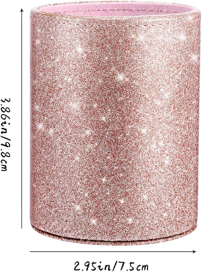 Outus PU Glitter Pen Holder Pencil Cup Rose Gold Shiny for Women Girls, Luxury Makeup Brush Holder Pu Leather Organizer Cup Gift for Desk Office Classroom Home