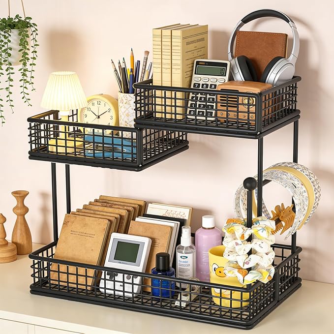 Makeup Organizer Countertop for Vanity, 3 Tier Metal Bathroom Countertop Organizers Skincare Storage Holder Perfume Cosmetic Display, Multi-Use Storage Rack for Bathroom, Kitchen & Bedroom (Black)