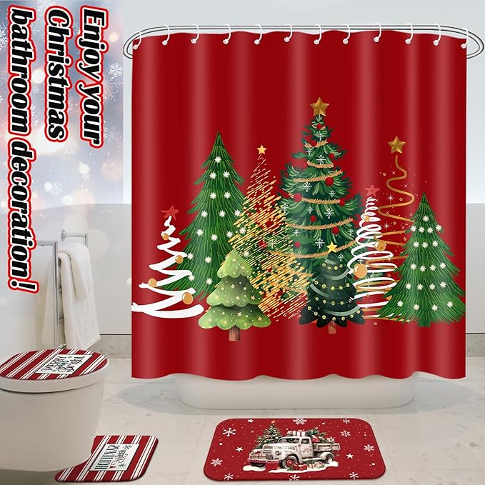 Drydiet 4 Pcs Christmas Shower Curtain Set Bathroom Decoration Non Slip Rugs Mat Toilet Lid Cover Shower Curtain for Xmas Holiday Farmhouse Home Bathroom Decor(Red Christmas)