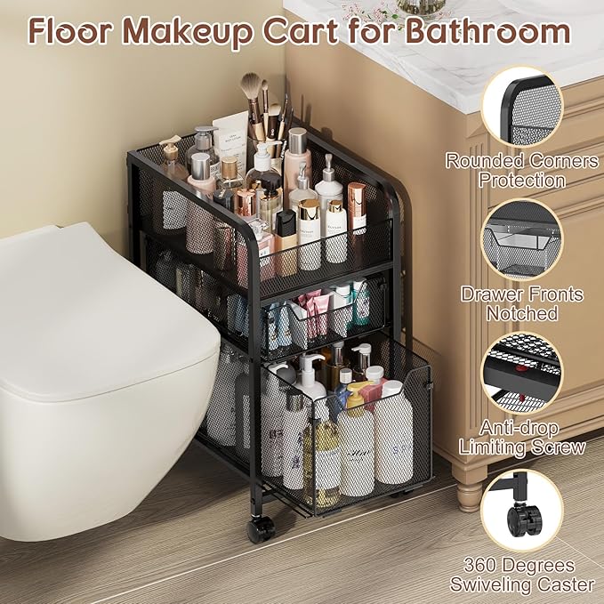 Rolling Makeup Cart Organizer with 2 Drawers, Narrow Floor Skincare Organizers, Vanity Organizer Cosmetics Display Cases Holder for Skin Care Nail Polish Perfume Makeup Brush, Black