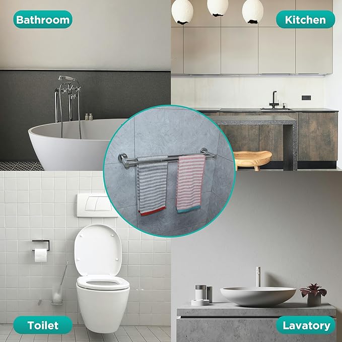 Retractable Towel Bar Flat Double Rod Bathroom Hand Towel Holder Stainless Steel Towel Rack Kitchen Towel Rail Adjustable from 15.1 to 24.4 Inch Wall Mounted Towel Rail with Screws | Polished Silver