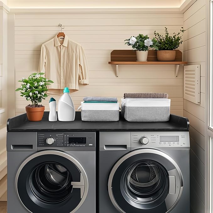 GLDZI Washer Dryer Countertop with 2 Pack Storage Baskets, Wood Washer and Dryer Countertop with Non-Slip Pads/Edge Rails for Laundry Room Storage and Organization, 27.5" W x 54" L(Black Marble)