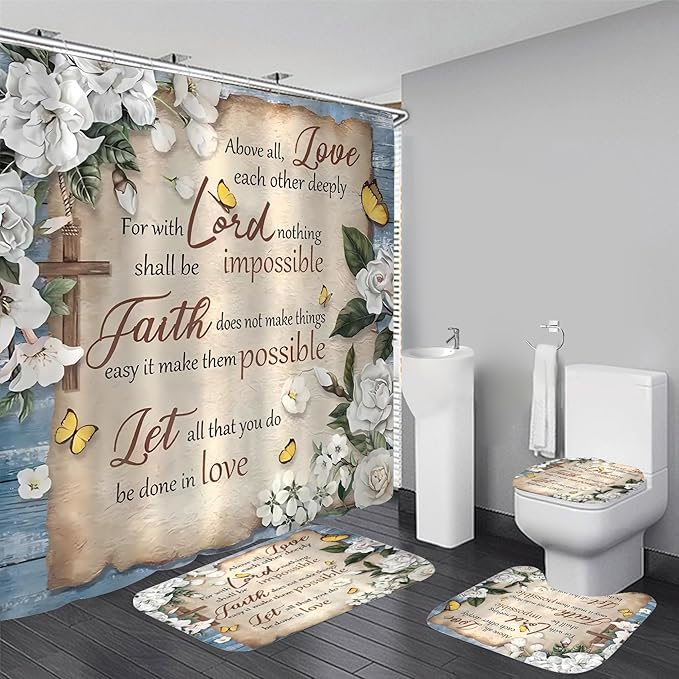 AZHM White Camellia Flower Shower Curtain Sets Inspirational Quotes with Yellow Butterfly Bathroom Decor Accessories Set with Rugs and 12 Hooks