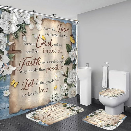 AZHM White Camellia Flower Shower Curtain Sets Inspirational Quotes with Yellow Butterfly Bathroom Decor Accessories Set with Rugs and 12 Hooks