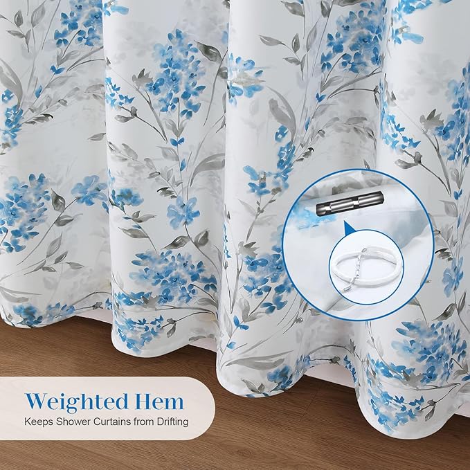 Blue Gray Floral Fabric Shower Curtain, Watercolor Flower Plant Shower Curtain, Waterproof Decorative Boho Botanical Bathroom Curtains, 72" W x 72" H