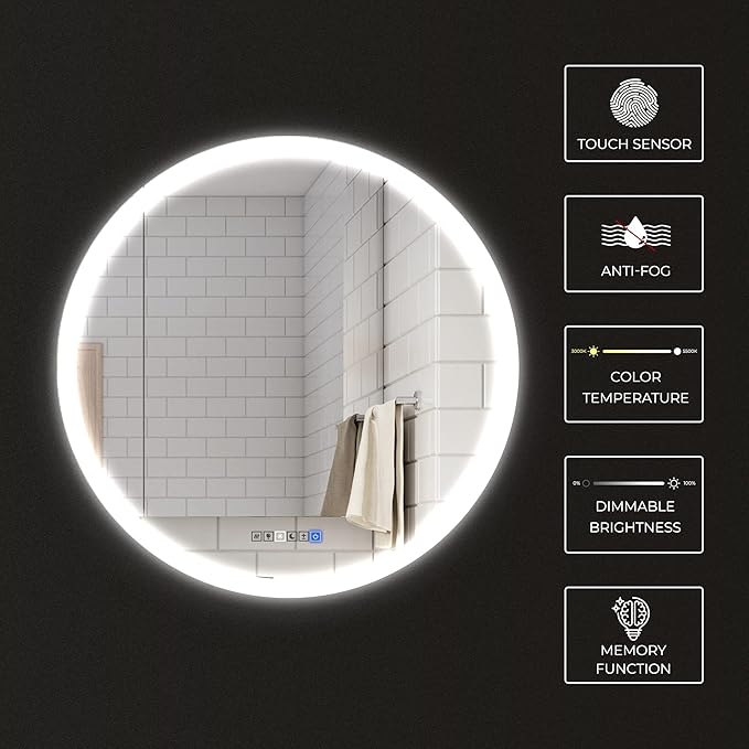 39 Inch Round LED Bathroom Mirror with 3 Color Modes, Touch Dimmer, Anti-Fog - Wall Mount Lighted Vanity Mirror for Makeup, Dressing Room - Fab Glass and Mirror