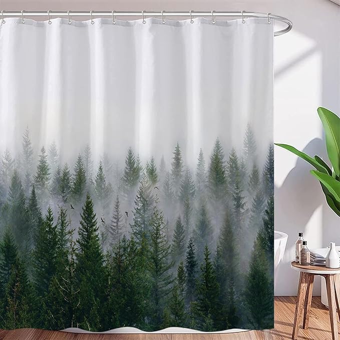 Accnicc Misty Forest Shower Curtain Dark Green Nature Shower Curtains for Bathroom Pine Tree Foggy Woodland Birds Waterproof Fabric Decorative Bath Curtain 72×72 Inch