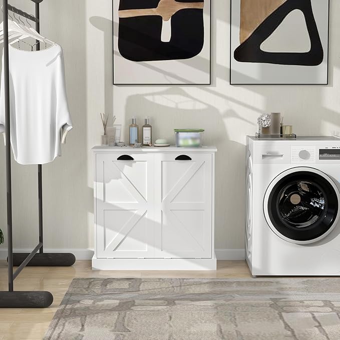 Locsear Laundry Hamper Cabinet with Removable Basket, Double Tilt Out Laundry Hamper, Wood Bathroom Storage, Free Standing Home Organizer, White
