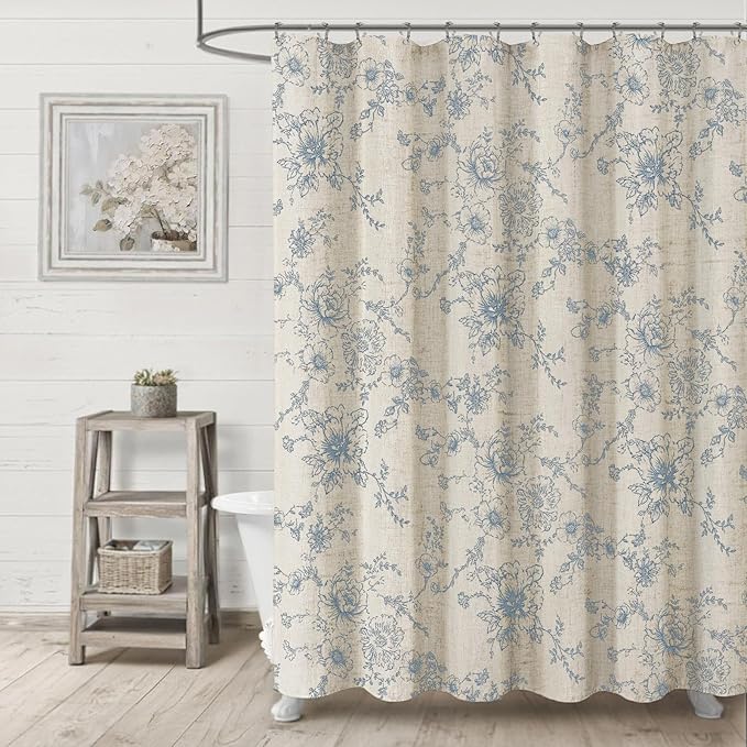 Farmhouse Floral Linen Shower Curtain, Vintage Blue Pattern Rustic Shower Curtains for Bathroom, Taupe,72x72