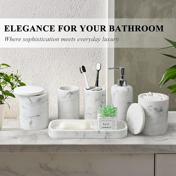 LIN CHUAN 6-Piece Bathroom Accessories Set, Organizer Set with Soap Dispenser, Toothbrush Holder Set, Vanity Tray, Tumbler & 2 Cotton Swab Jars – Modern Stylish Bathroom Storage(Marble White)