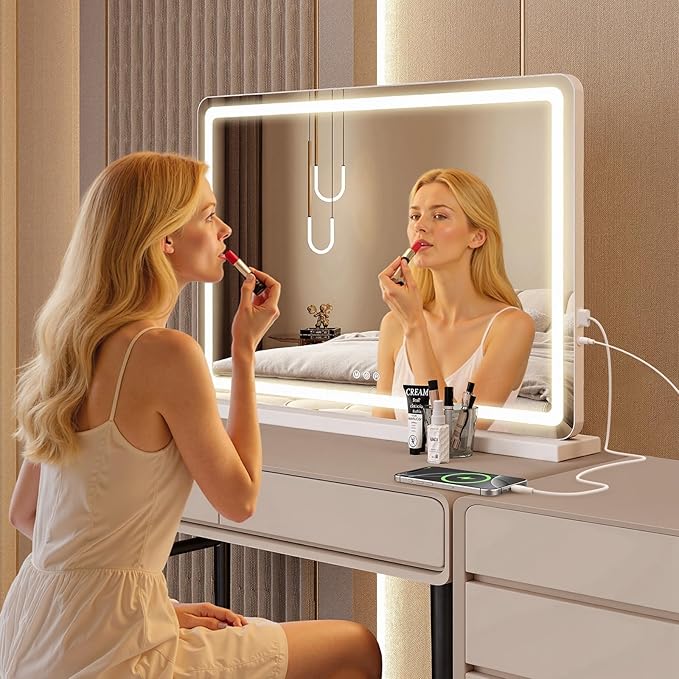 NEWBULIG 22"x32" LED Vanity Mirror with Lights, Lighted Smart Tabletop Makeup Mirrors for Desk, Touch Control Dimmable Brightness, 3 Color Lighting Modes