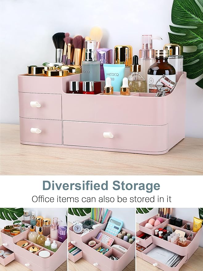 BREIS Makeup Organizer for Vanity,Large Countertop Organizers with Drawers,Dresser Bathroom Cosmetics Organization and Storage for Perfume Skin Care Nail Polish Brushes Eyeshadow Lipstick (Pink)