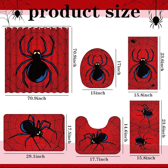 Nuanchu 6 Pcs Spider Shower Curtain Set with Rug Bathroom Sets with Shower Curtain Bath Mat U Shaped Mat Toilet Lid Cover 2 Bath Towels and 12 Hooks Red Black Spider Bathroom Decor