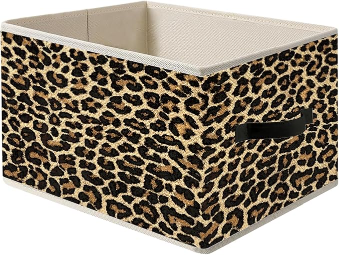 Brown Leopard Print Storage Bin Box with Handles, Cheetah Room Decor, Girly Y2k Wild Western Cheetah Foldable Organizer Basket Toybox for Girls Dorm Bedroom Bathroom Clothes Toys Books