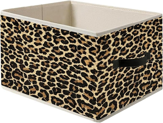 Brown Leopard Print Storage Bin Box with Handles, Cheetah Room Decor, Girly Y2k Wild Western Cheetah Foldable Organizer Basket Toybox for Girls Dorm Bedroom Bathroom Clothes Toys Books