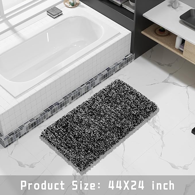 Yimobra Black and White Bathroom Rugs, Luxury Fluffy Bath Mats, Non Slip, Water Absorbent Microfiber, Machine Washable, Plush Runner Carpet Shower Rugs, Thick Matts for Bathroom Floor&Tub, 44"x 24"