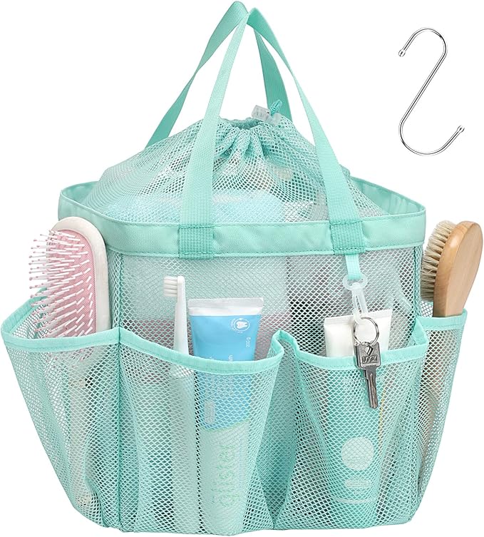 F-color Mesh Shower Caddy Portable with Drawstring - Large 8 Pockets Dorm Room Essentials for Guys Girls with S Hook, Shower Bag Basket Tote for College Camping Gym Travel Bathroom, Sage Green