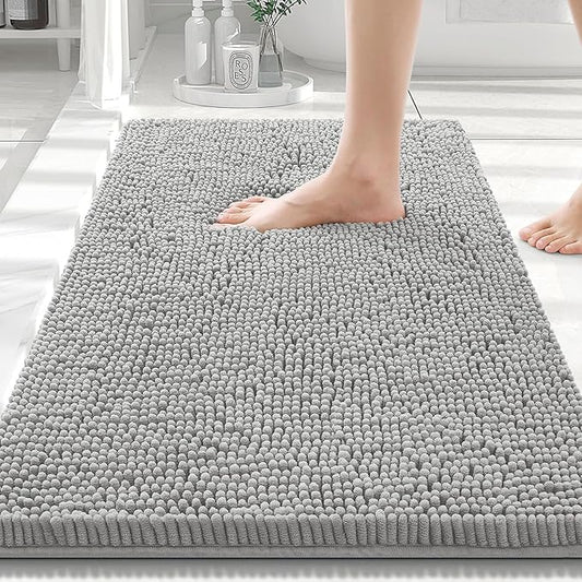 Smiry Luxury Chenille Bathroom Rugs 30x20, Extra Soft and Absorbent Shaggy Bath Mat, Machine Washable, Non-Slip Plush Carpet Runner for Tub, Shower, and Floor, Home Decor Accessories, Light Grey