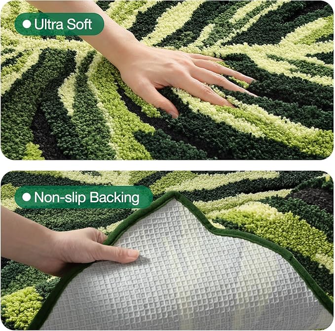 LUMI Cute Bathroom Rugs with Green Leaf Plant, Soft, Fluffy, Plush, Absorbent, Quick Dry, Non Slip, Machine Washable for Shower Floor, Bathroom, Bedroom, Kids Room, 24"x32", Dark Monstera