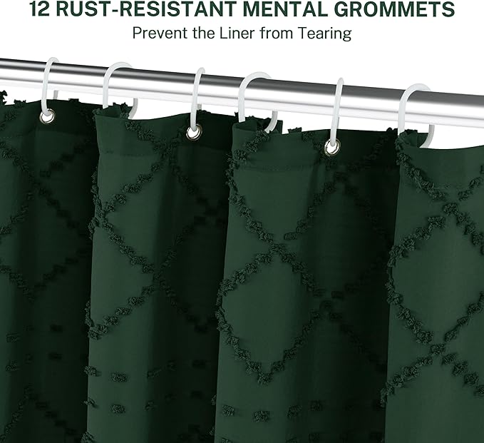 Dark Green Boho Shower Curtain Woven Fabric Cute Shower Curtain, 72 x 72 Tufted Chevron Textured Striped Modern Farmhouse Minimalist Cloth Shower Curtains for Bathroom