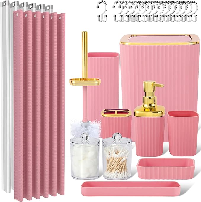 Pink Bathroom Set, 23 PCS Pink Bathroom Accessories Set with Shower Curtains, Trash Can, Toothbrush Holder, Soap Dispensers, Toothbrush Cup, Vanity Tray, Soap Dish, Toilet Brush, Qtip Holders
