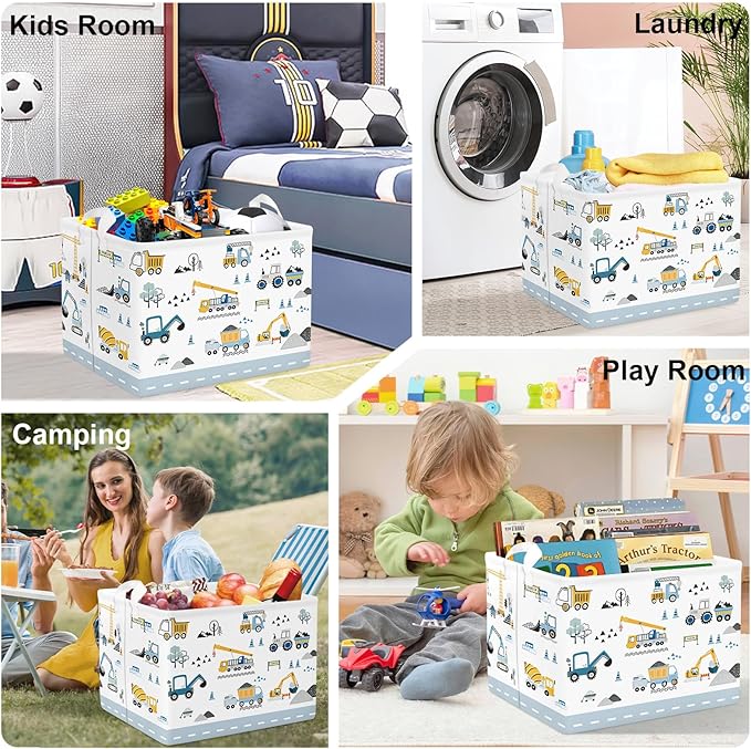 Cars Laundry Hamper Cartoon Vehicle Large Storage Basket Collapsible Parents Organizer Boy Toy Clothes Bins for Bedroom, Bathroom, Crane, 36L