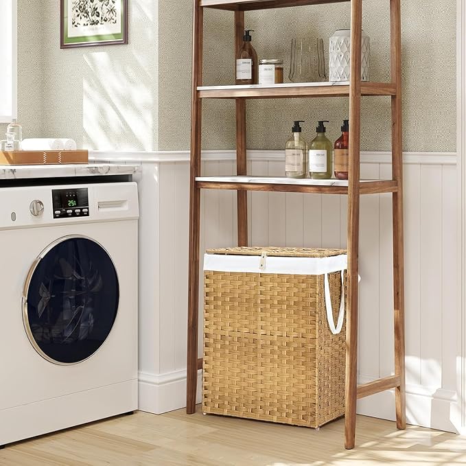Laundry Hamper with Lid, 90 L Rattan Clothes Laundry Basket with Lid and Handles, Foldable Clothes Hamper, Removable Liner, Goose Yellow
