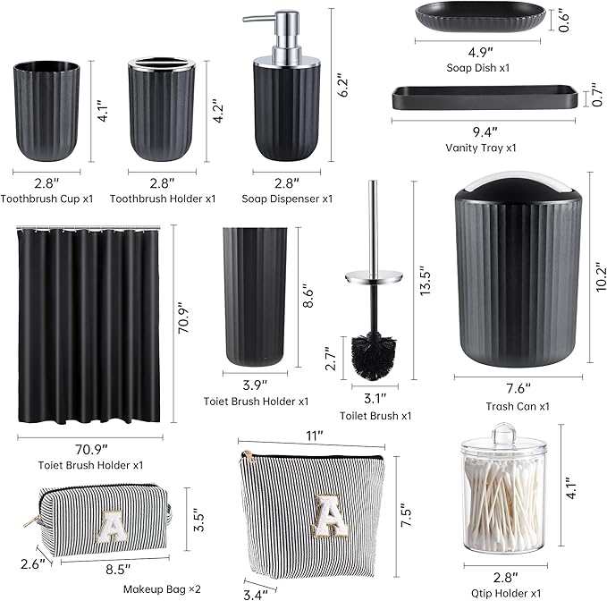 Bathroom Accessories Set, 11PCS Black Bathroom Accessory Set with Shower Curtain, Trash Can, Makeup Bag, Soap Dispenser and Dish, Toilet Brush, Toothbrush Holder, Tumbler Cup, Q-tip Holders for Decor