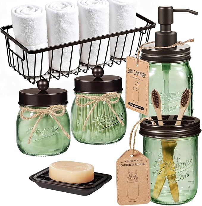 SheeChung Green Bathroom Accessories Set, 6Pcs Mason Jar Glass Bathroom Set, Lotion Soap Dispenser, Toothbrush Holder, Qtip Holder, Soap Dish, Metal Wire Basket, Rustic Farmhouse Bathroom Decor-Bronze