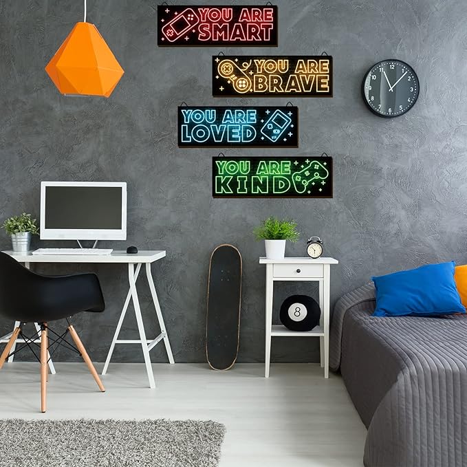 YLOLUL 4pcs Neon Game Art Prints, Wood Wall Art Decor for Boys Room, Gamer Decorations, Inspirational Quote Wall Decor, Modern Home Decor, 12 x 4 Inch, Red