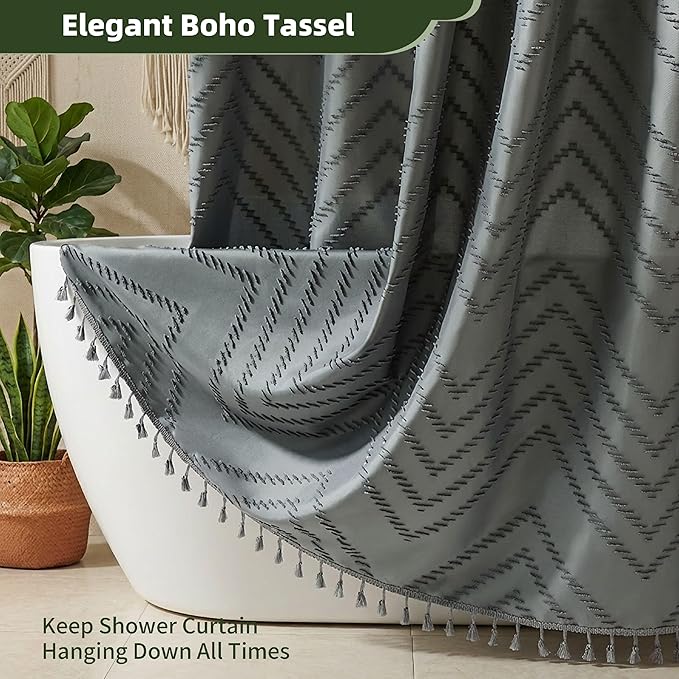 Extra Long Shower Curtains 72 x 78 Inches Tufted Chevron Light Gray Shower Curtains Fabric for Bathroom Modern Shabby Chic Waterproof Cloth Shower Curtain