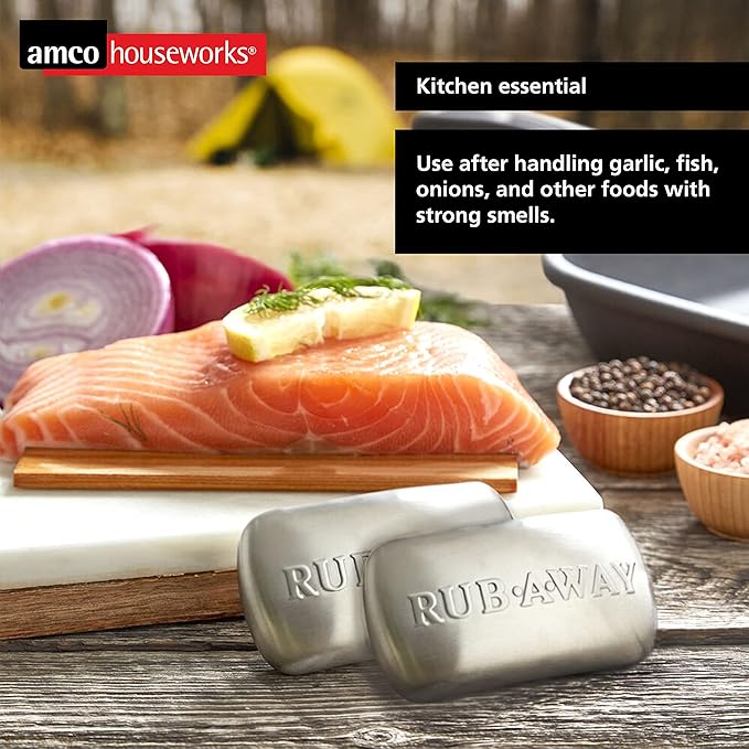 Amco Rub Away Bar, Stainless Steel Odor Absorber (4" x 2.25") - Dishwasher Safe Kitchen & Outdoor Essential for Garlic, Onion, Fishing, Hiking Odors - Natural Odor Remover (Pack of 2)