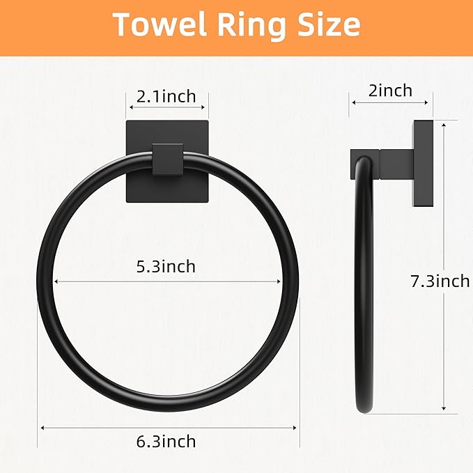 RUACQ Towel Ring, Square Base Hand Towel Holder, Stainless Steel Hand Towel Hanger Wall Mounted, Modern Hand Towel Holder for Bathroom, Heavy Duty (Matte Black)